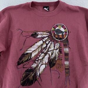 Vintage Native American Feather Buffalo Sweatshirt Mens S/M Maroon Indian 90s